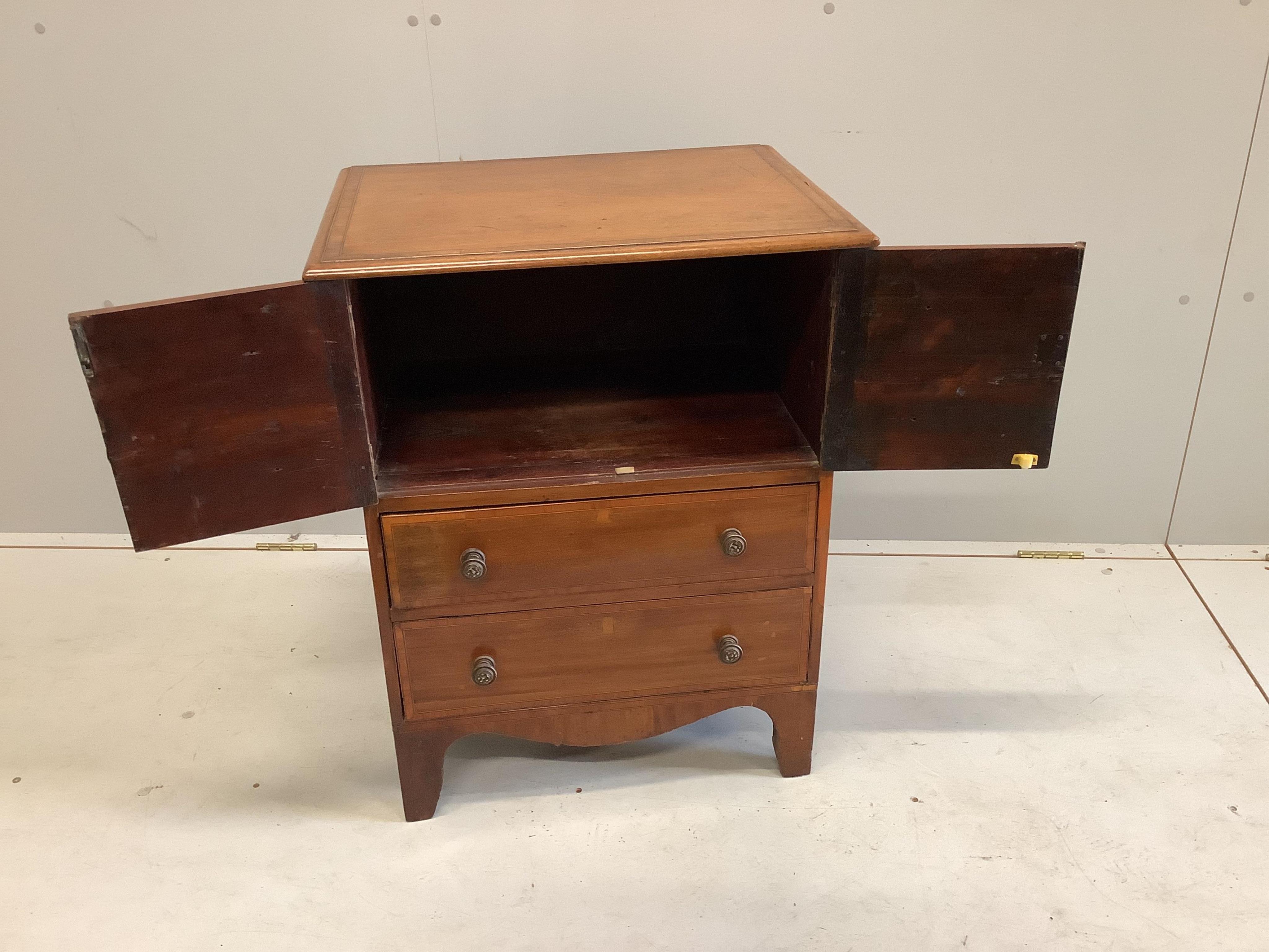 A small 19th century banded mahogany bedside chest, adapted, width 58cm, depth 44cm, height 75cm
